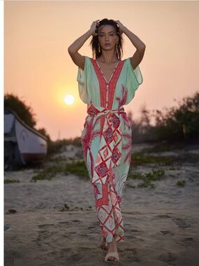 Verandah Hand Beaded Ocean Kaftan Dress Medium